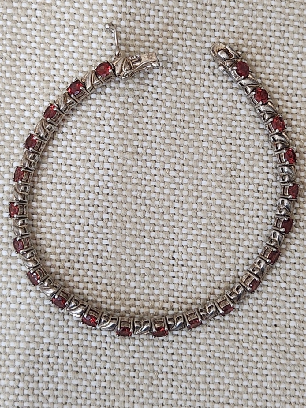 VTG 925 Sterling Silver Tennis Bracelet Red CZ Stones Vermeil Setting Thailand
